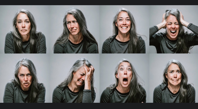 A collage of images with a woman expressing eight different emotions